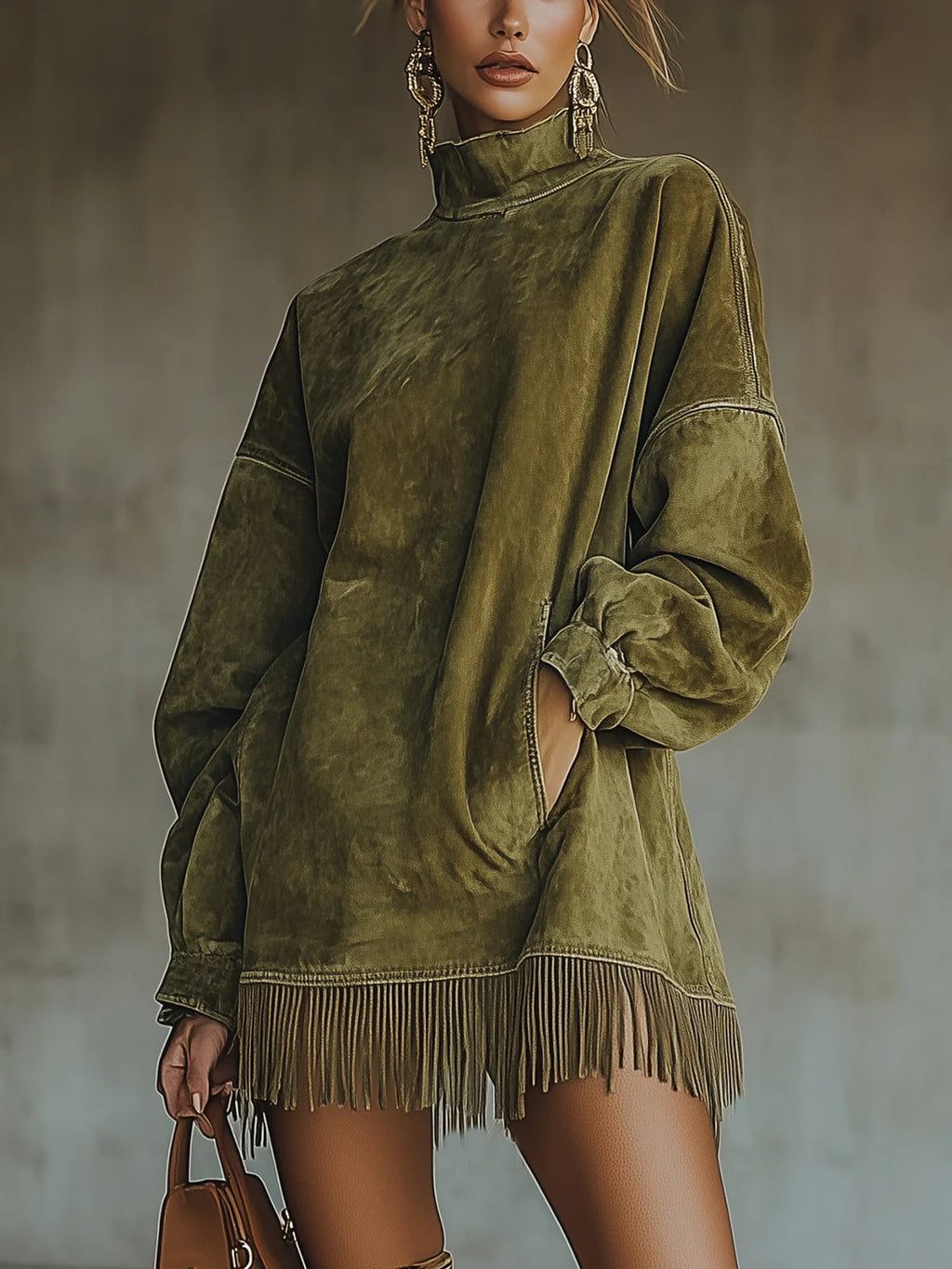 Gabriela | Vestido de antelina con cuello alto y flecos