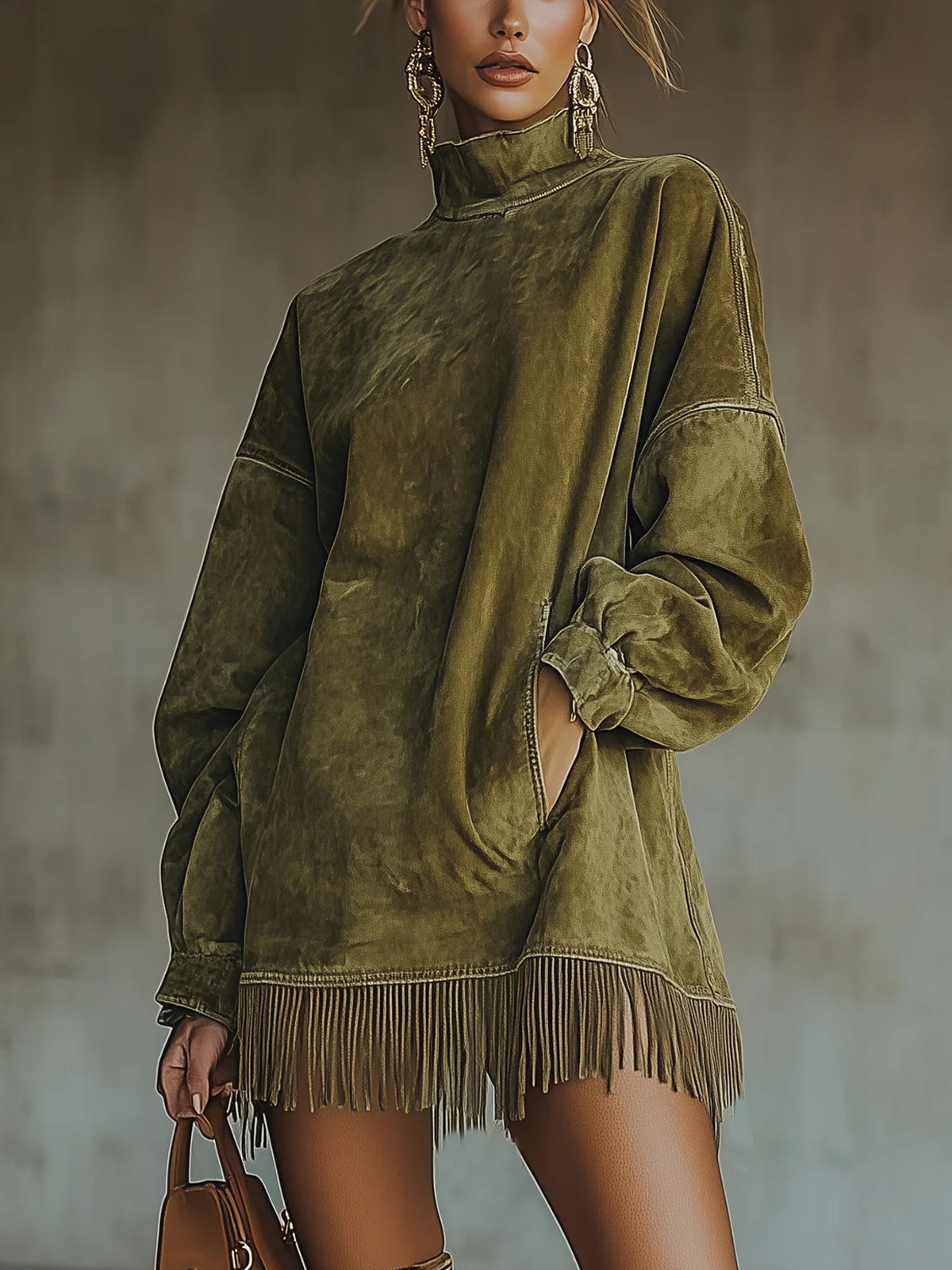 Gabriela | Vestido de antelina con cuello alto y flecos