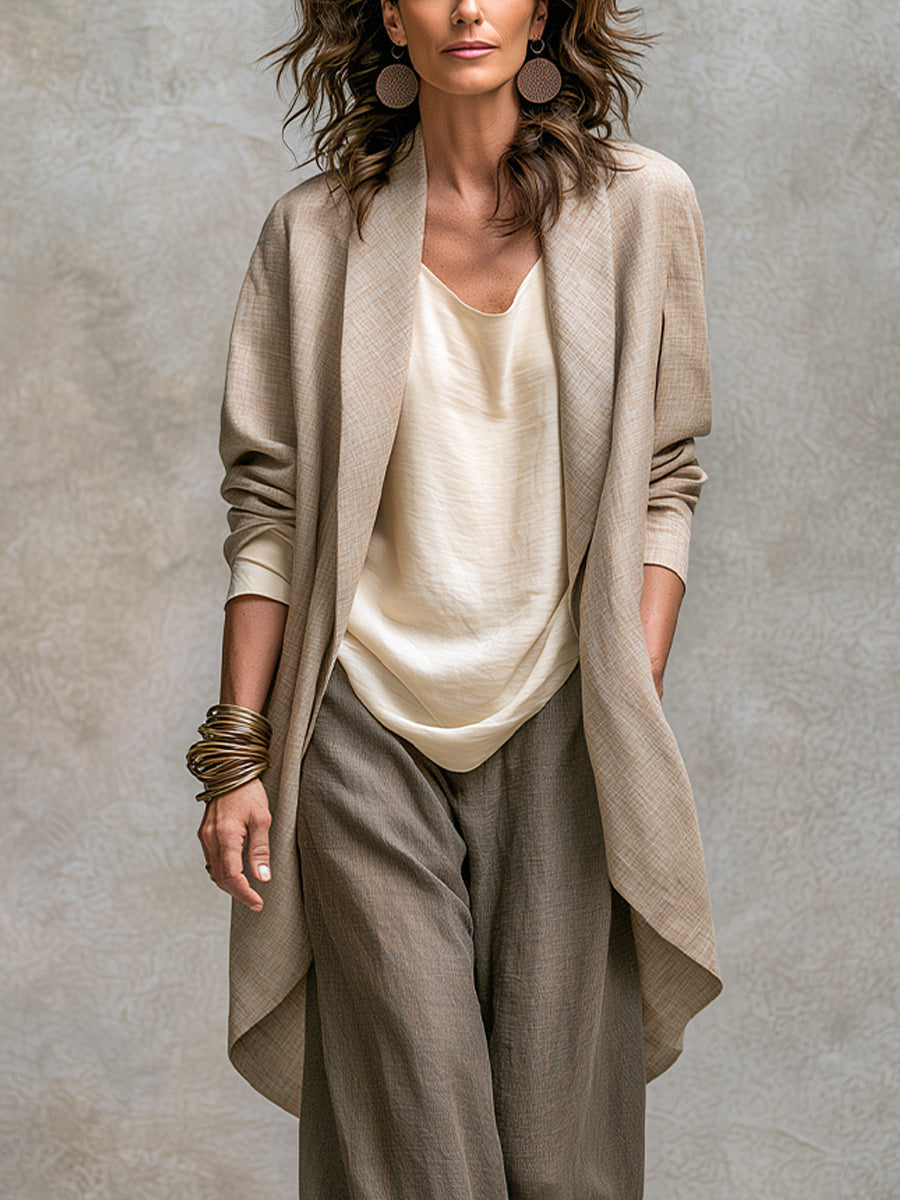 Flaminia | Conjunto de tres piezas con pantalón palazzo, beige y gris