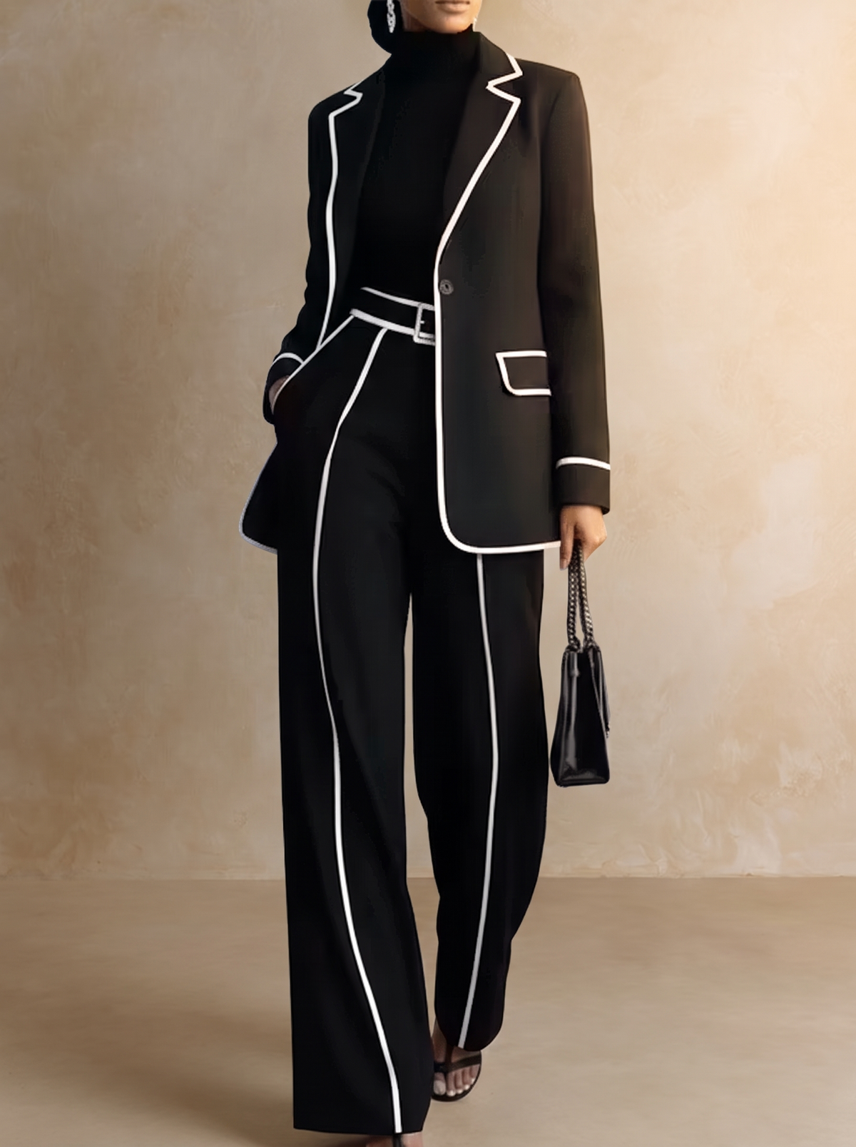 Clementina | Conjunto de blazer y pantalón con ribetes a contraste, negro