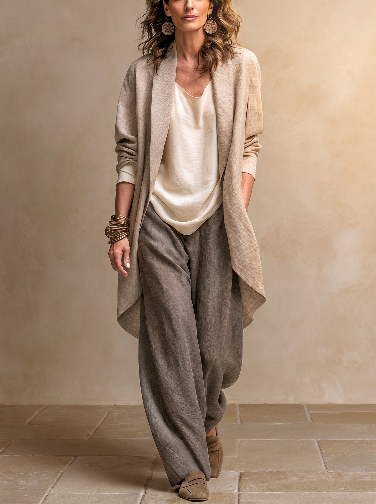 Flaminia | Conjunto de tres piezas con pantalón palazzo, beige y gris