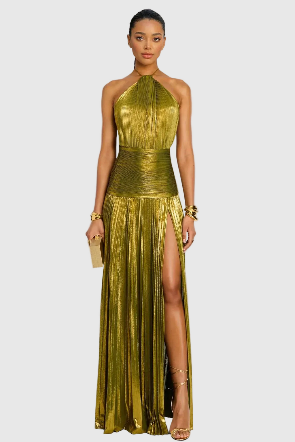 Vestido Dorado Metalizado Halter Maxi