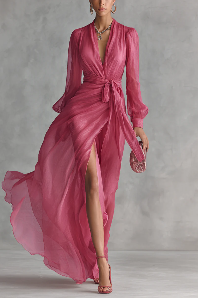 Vestido Rosa Maxi Escote V Manga Globo