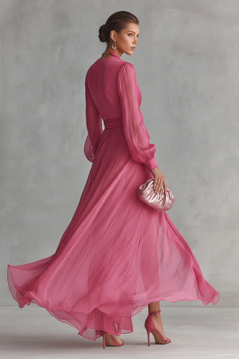 Vestido Rosa Maxi Escote V Manga Globo