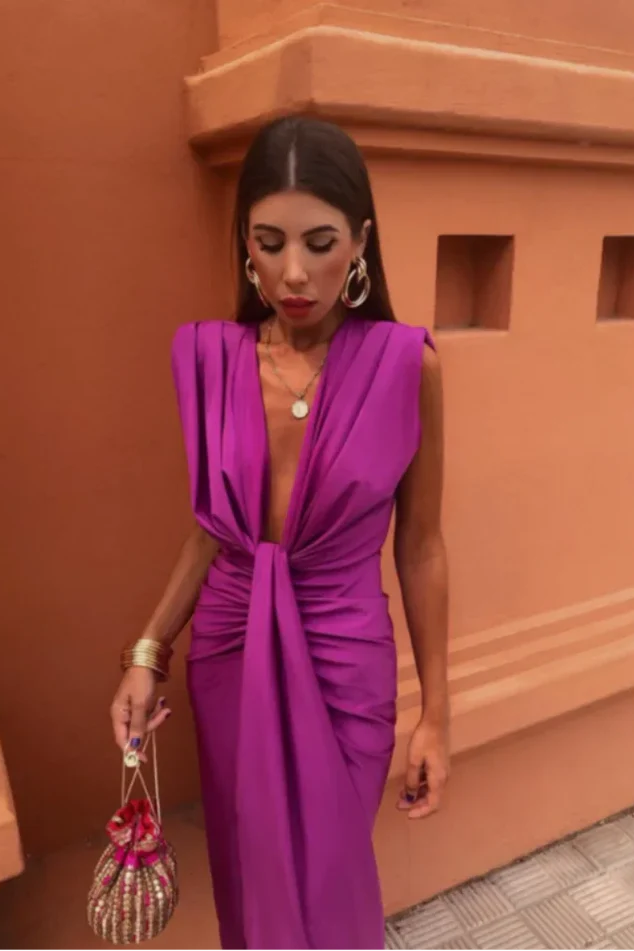 VALENTINA | Vestido Midi Drapeado con Escote en V Profundo y Nudo Frontal