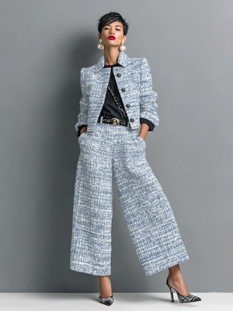Leontina | Conjunto de chaqueta corta efecto tweed y pantalón ancho