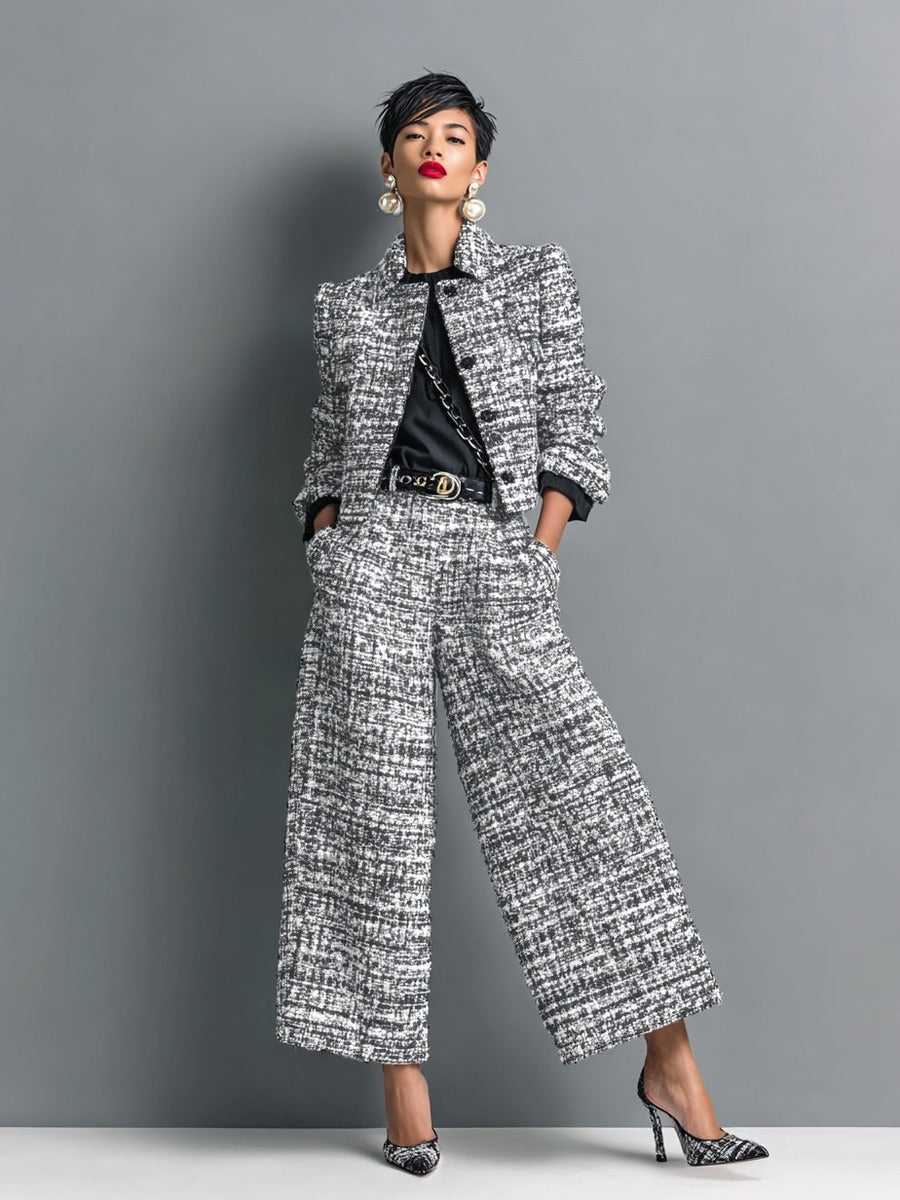 Leontina | Conjunto de chaqueta corta efecto tweed y pantalón ancho