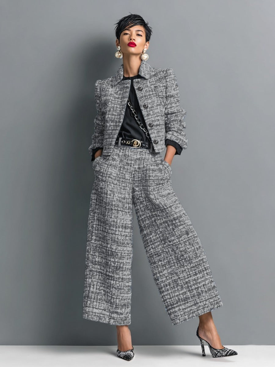 Leontina | Conjunto de chaqueta corta efecto tweed y pantalón ancho