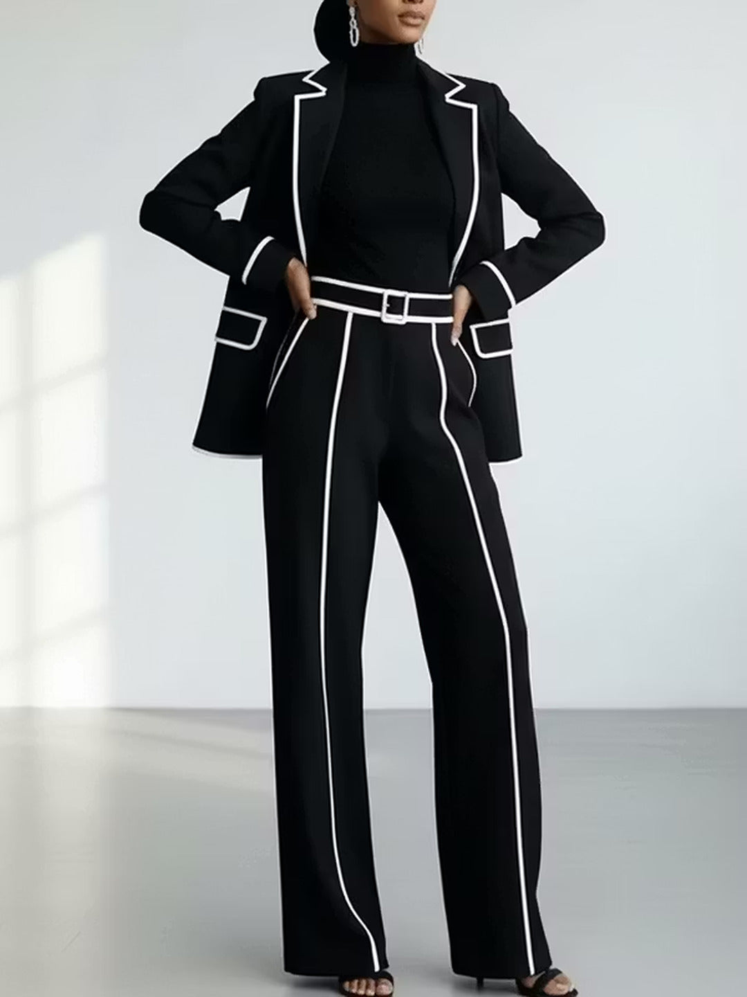 Clementina | Conjunto de blazer y pantalón con ribetes a contraste, negro