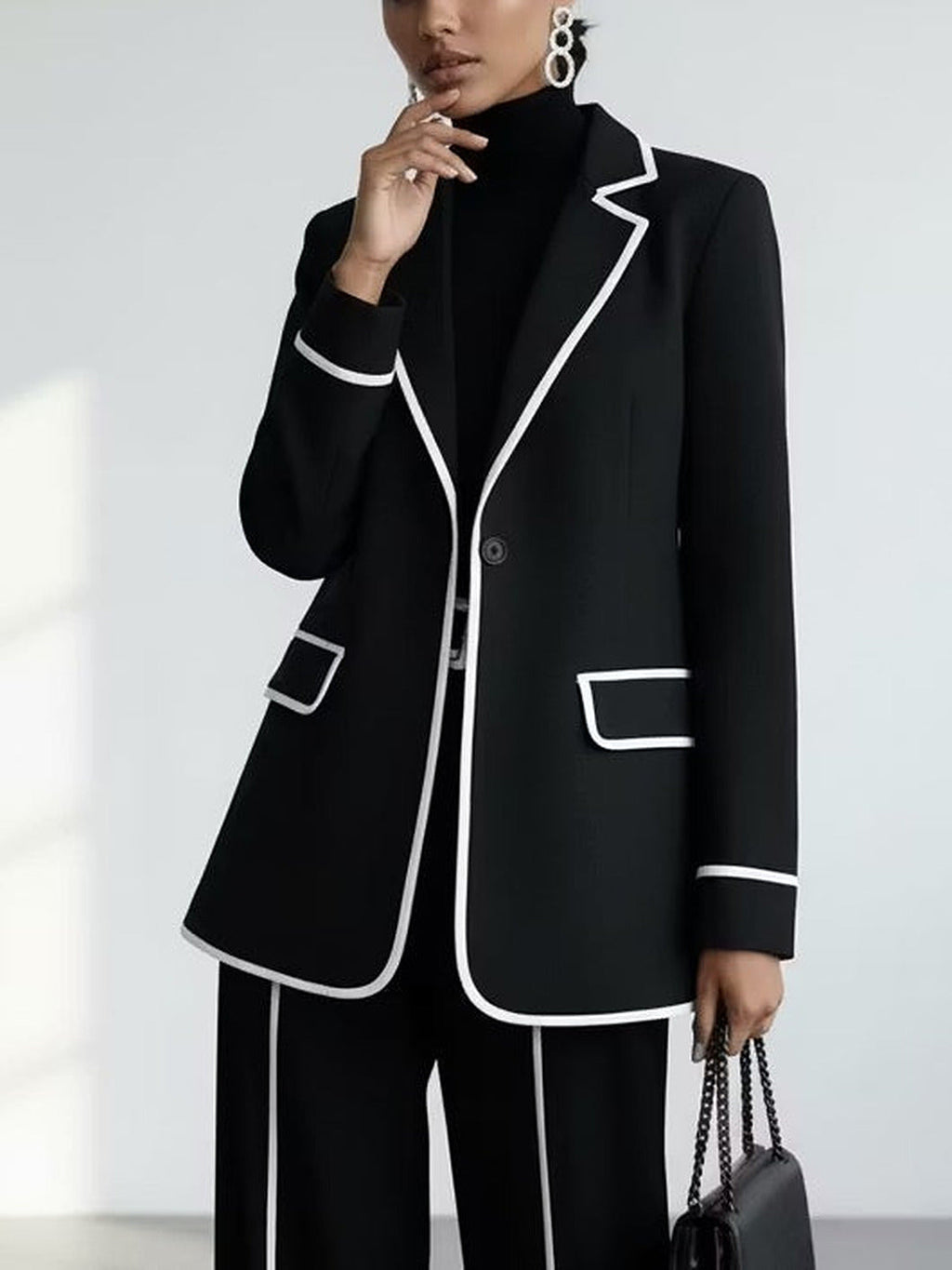 Clementina | Conjunto de blazer y pantalón con ribetes a contraste, negro