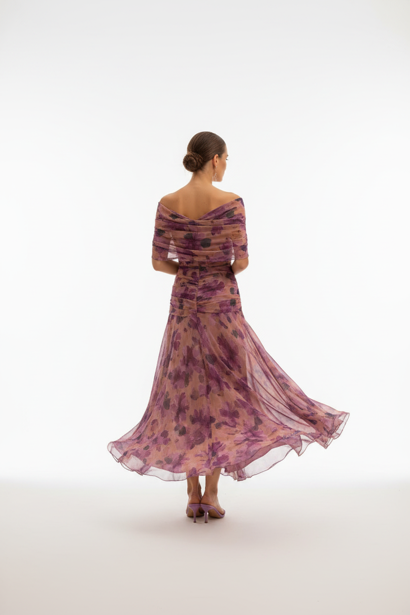 Vestido Maxi Floral con Hombros Caídos y Drapeado