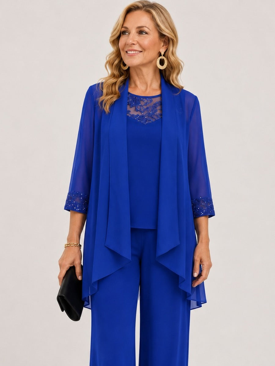 Prisca | Conjunto de tres piezas con chaqueta de gasa y pantalón ancho