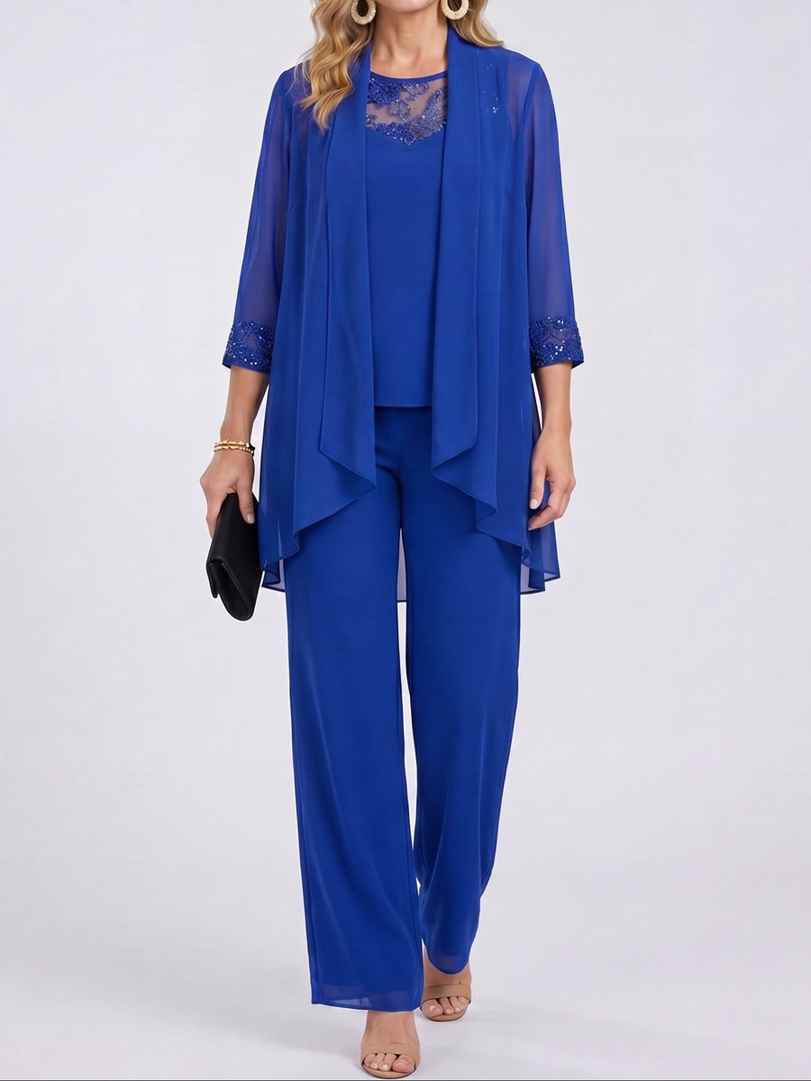 Prisca | Conjunto de tres piezas con chaqueta de gasa y pantalón ancho