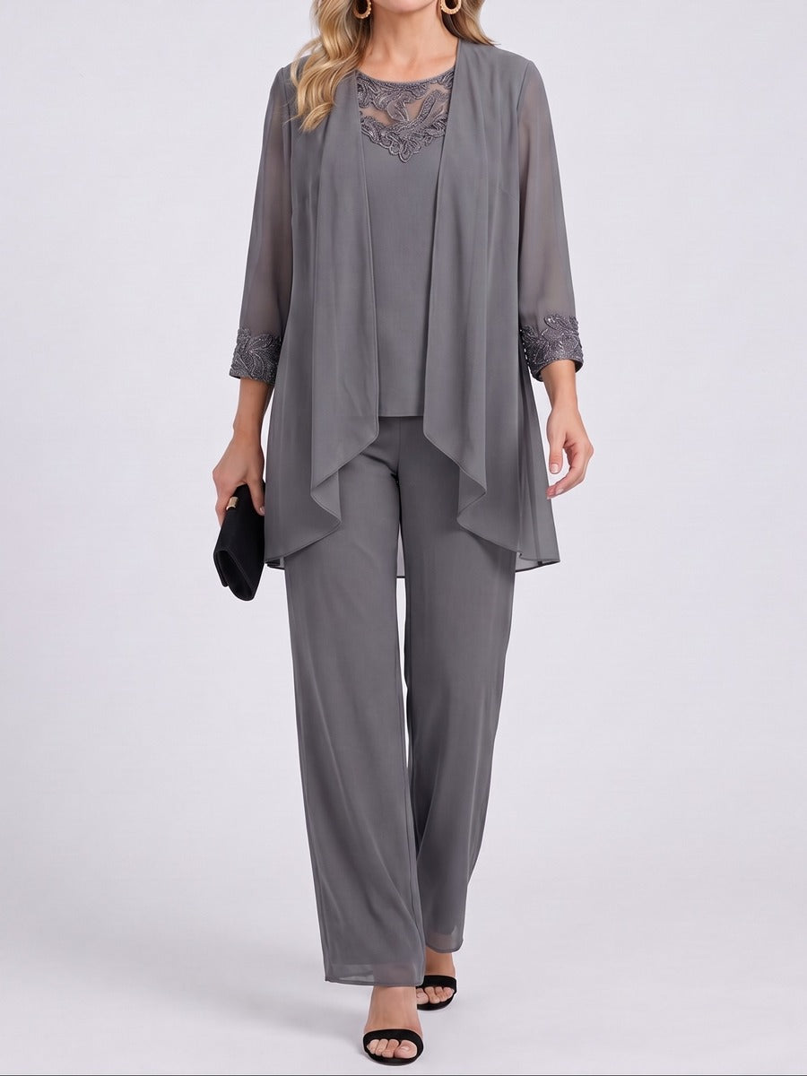 Prisca | Conjunto de tres piezas con chaqueta de gasa y pantalón ancho