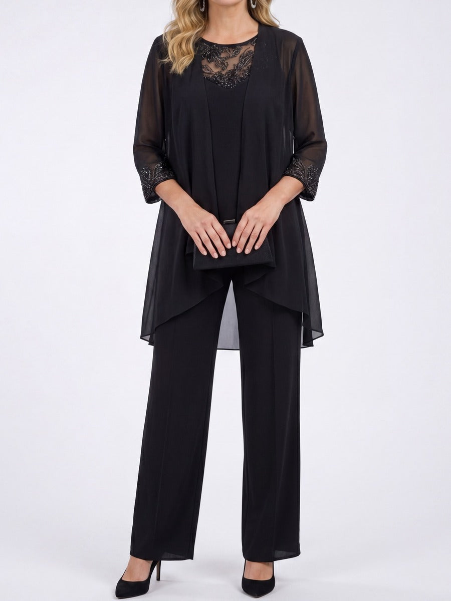 Prisca | Conjunto de tres piezas con chaqueta de gasa y pantalón ancho