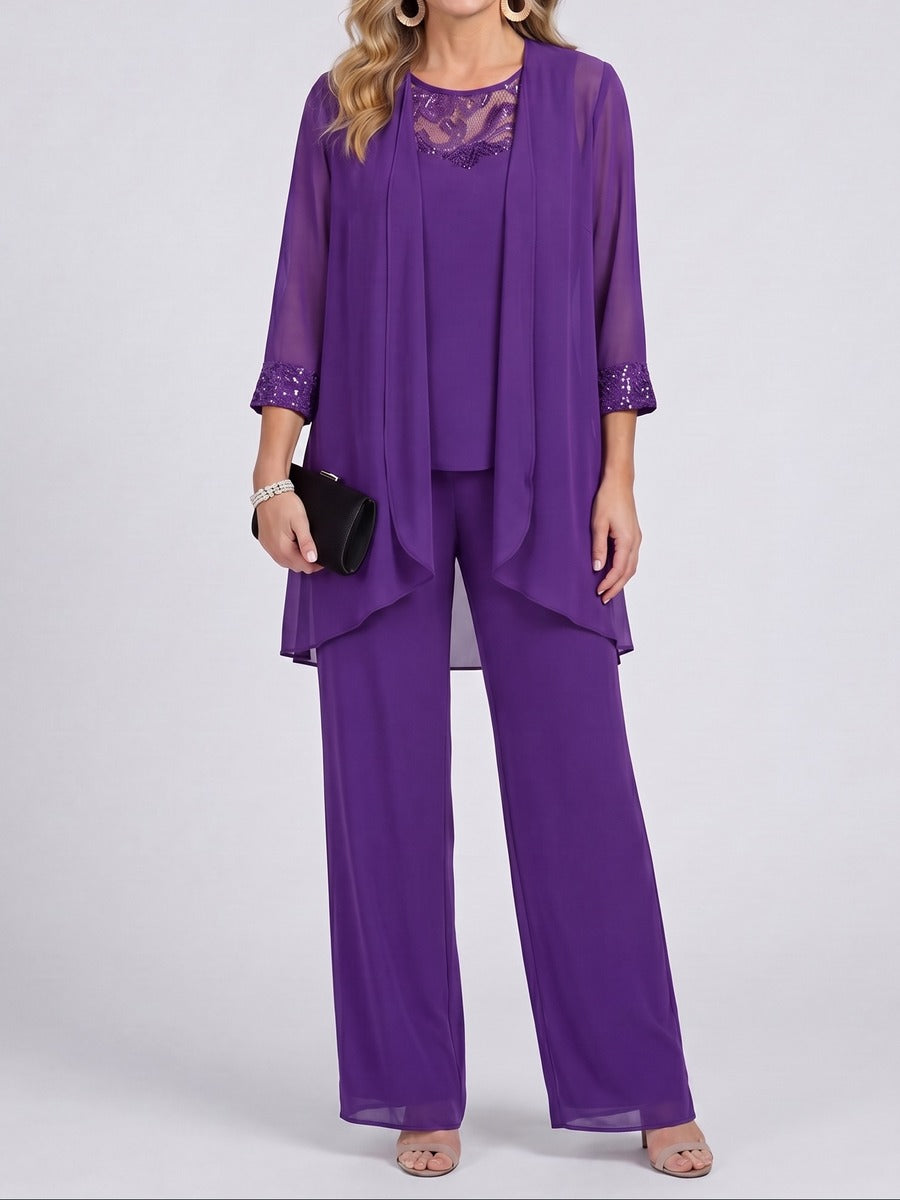 Prisca | Conjunto de tres piezas con chaqueta de gasa y pantalón ancho