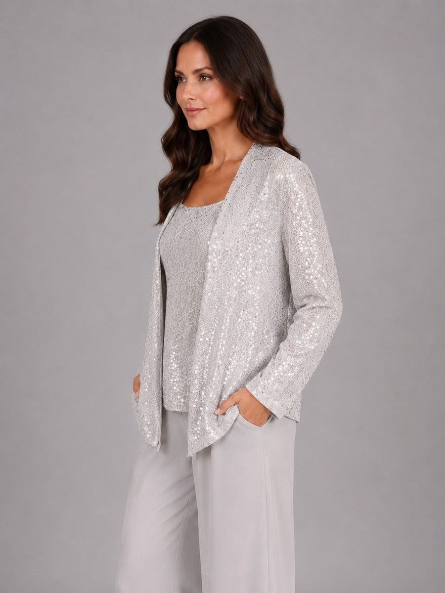 Zelinda | Conjunto de tres piezas con chaqueta de lentejuelas, top y pantalón ancho