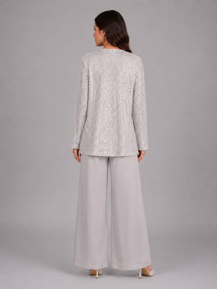 Zelinda | Conjunto de tres piezas con chaqueta de lentejuelas, top y pantalón ancho