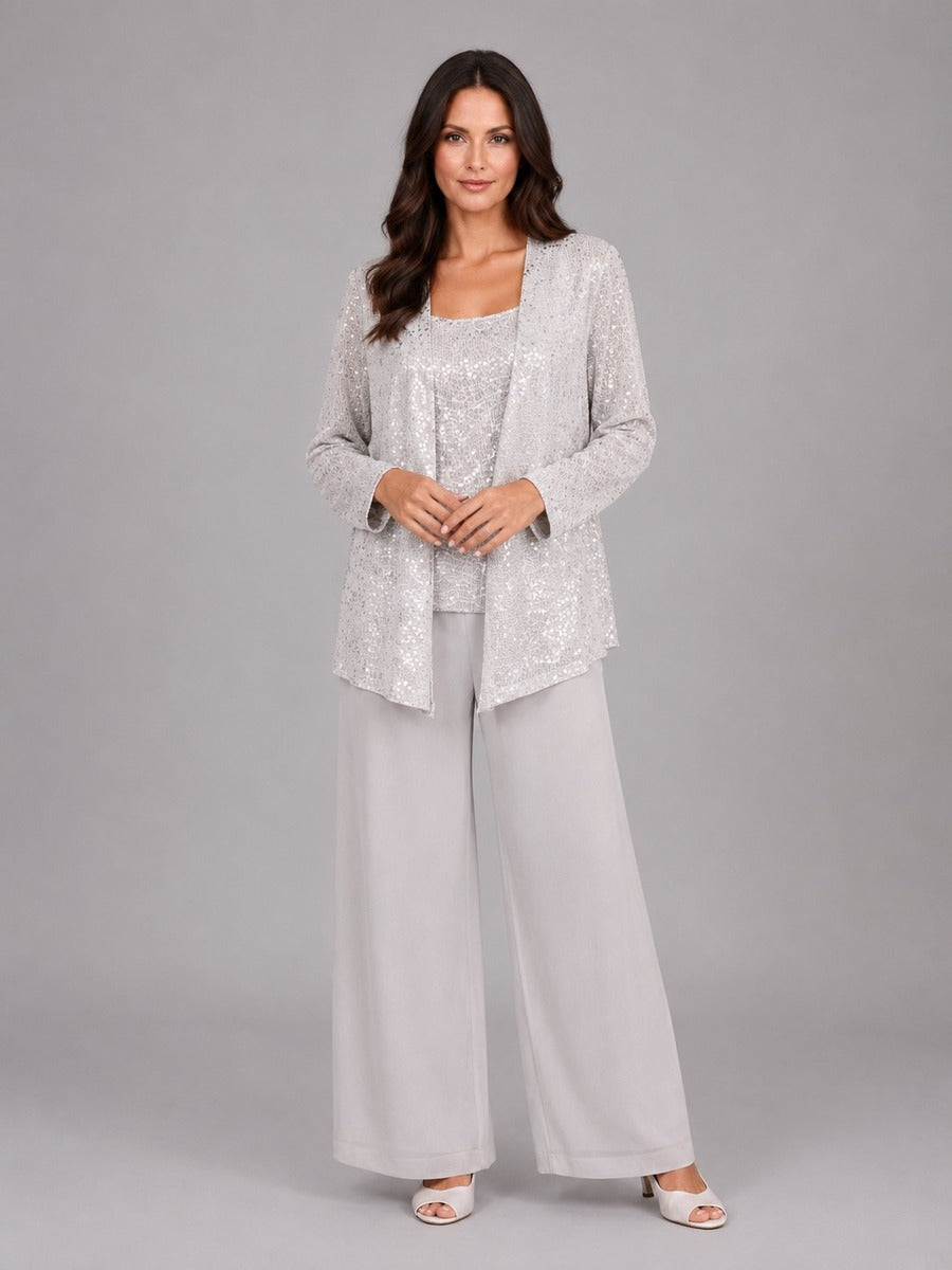 Zelinda | Conjunto de tres piezas con chaqueta de lentejuelas, top y pantalón ancho