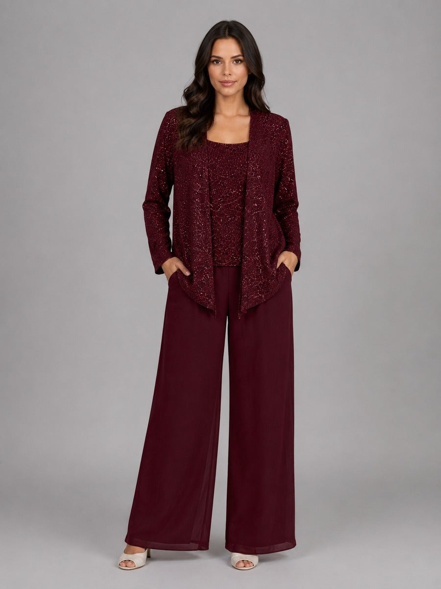Zelinda | Conjunto de tres piezas con chaqueta de lentejuelas, top y pantalón ancho