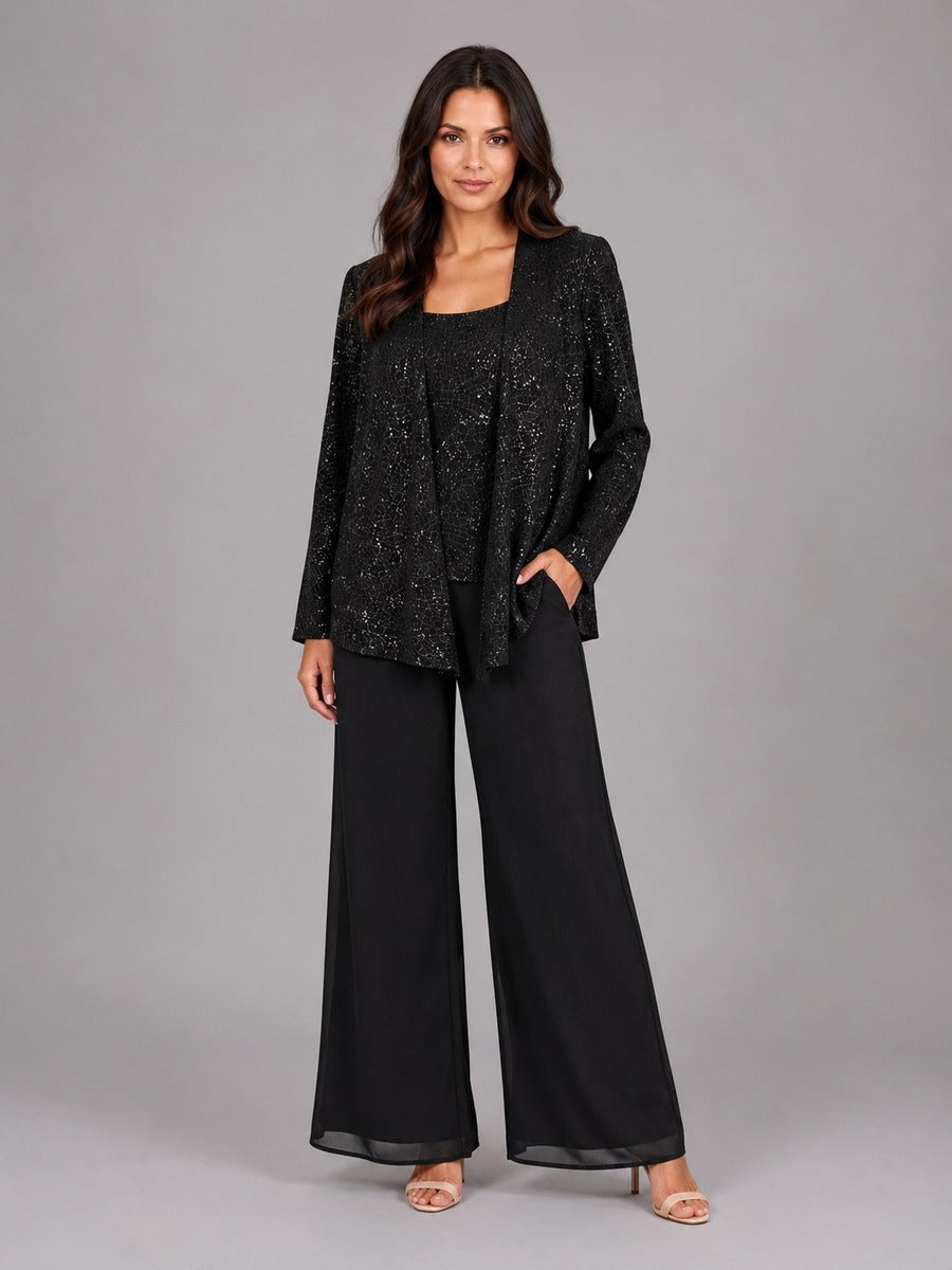 Zelinda | Conjunto de tres piezas con chaqueta de lentejuelas, top y pantalón ancho