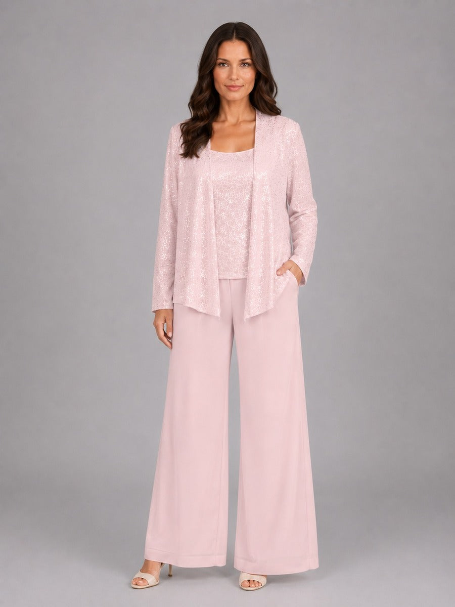 Zelinda | Conjunto de tres piezas con chaqueta de lentejuelas, top y pantalón ancho