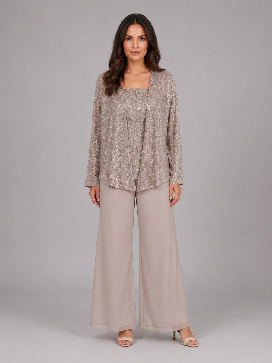Zelinda | Conjunto de tres piezas con chaqueta de lentejuelas, top y pantalón ancho